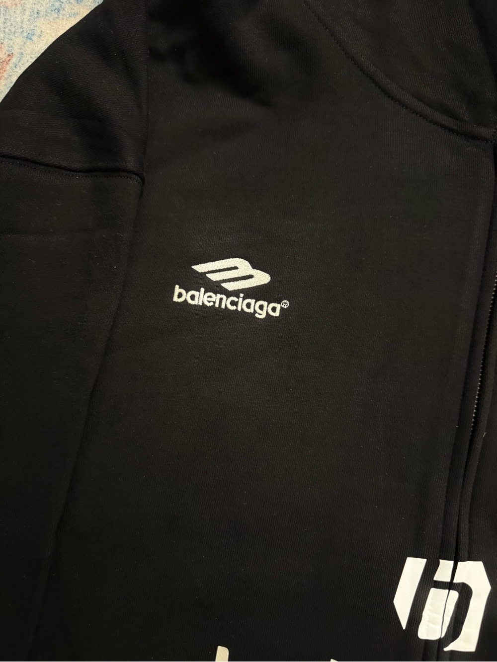 Balenciaga Black Full-Zip Hoodie with White Logo and Red Crest - Picture 3 of 6